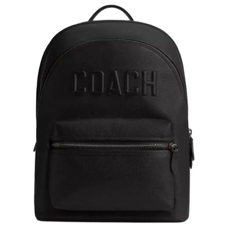 COACH 30 Solid Minimalist Zip-Top Leather Backpack for Men and Women, Black