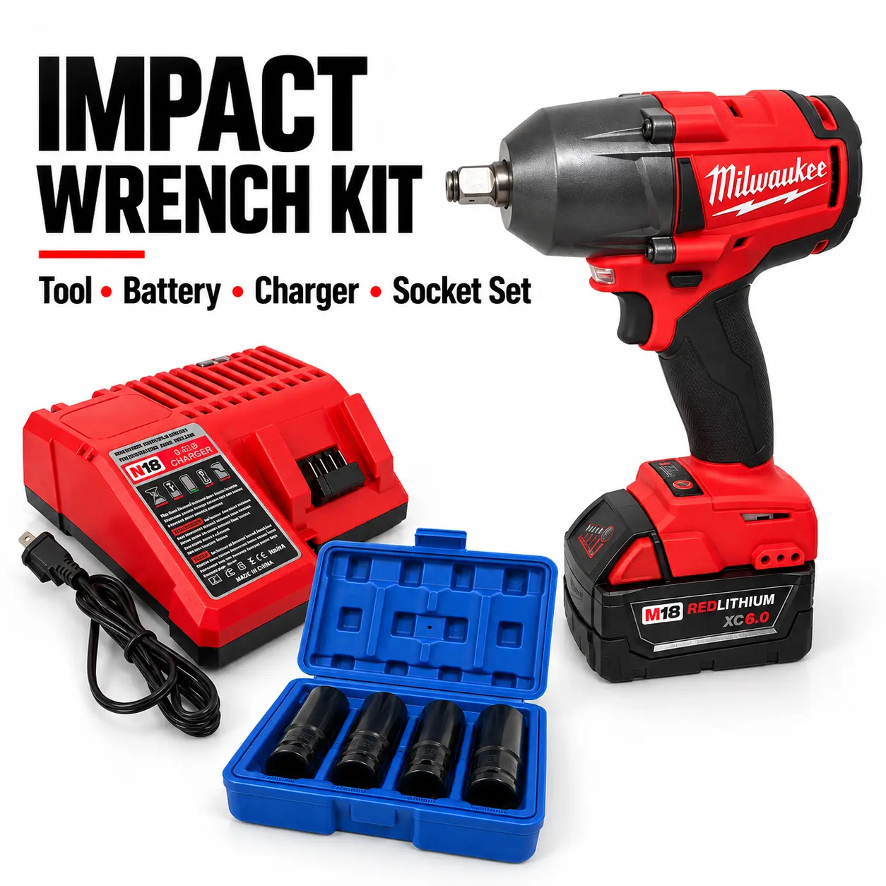 Milwaukee Impact Wrench with 4-Piece Socket Set - PakitoHN Exclusive Perks for Automotive & Motorcycle Car Repair Assembly Disassembly