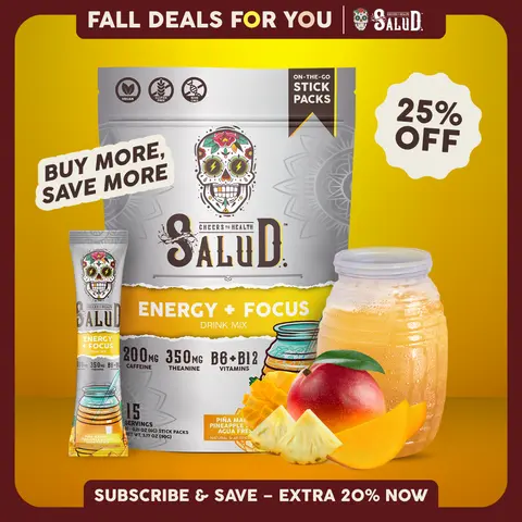 Salud 2-in-1 [Energy + Focus - Piña Mango] Clean Energy Drink Mix, Agua Fresca, Organic Caffeine (200mg), L-Theanine (350mg), B6 & B12, Non-GMO, Gluten Free, Vegan, Low Calorie, 1g Sugar (15 Servings)