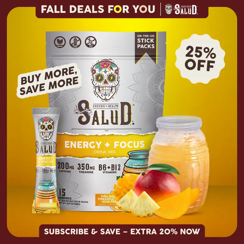 Salud 2-in-1 [Energy + Focus - Piña Mango] Clean Energy Drink Mix, Agua Fresca, Organic Caffeine (200mg), L-Theanine (350mg), B6 & B12, Non-GMO, Gluten Free, Vegan, Low Calorie, 1g Sugar (15 Servings)