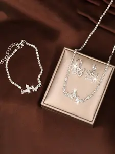Rhinestone Butterfly Design Fashion Jewelry Set, Rhinestone Butterfly Decorated Earrings, Necklace and Bracelet for Women without Box Elegant Jewelry Set