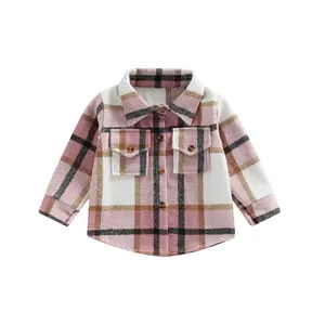 Toddler Boys Girls Plaid Shirt Button Down Long Sleeve Jacket Lapel Shacket Coat Tops Casual Outwear