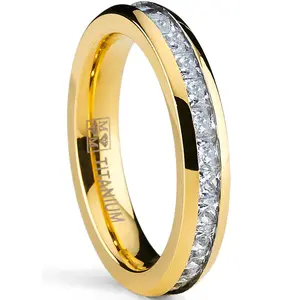 4MM Goldtone Plated Princess Cut women's Eternity Titanium Ring Wedding Band with Cubic Zirconia CZ