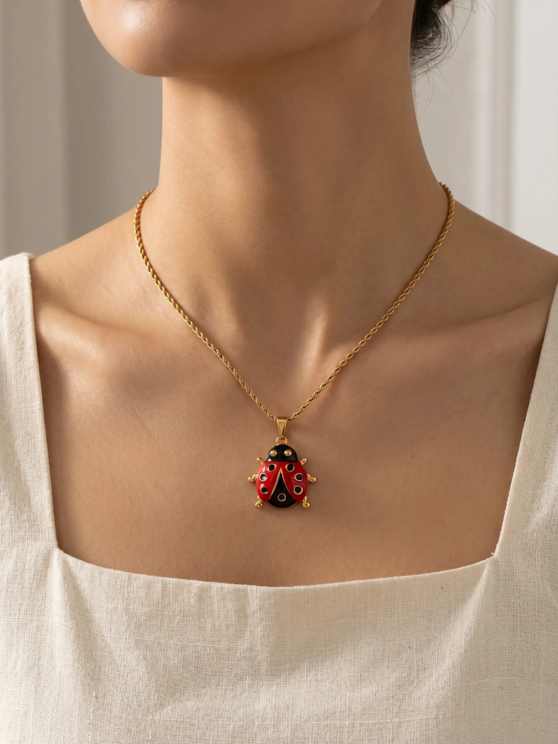 Vintage Ladybug Enamel Necklace, Cute Style Statement Jewelry, Dainty Chain