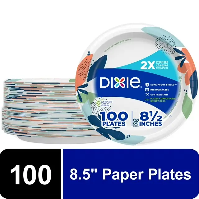 100 Count Everyday Disposable Paper Plates 8.5", Multi-Color