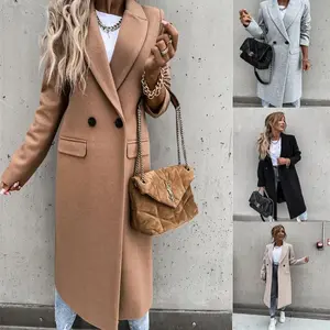 Long Woolen Coat Women's Suit Collar Outerwear Elegant Chic Full Sleeve Solid Color Fashionable Winter Coat