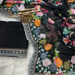 DESIGNER GEORGETTE FLORAL DIGITAL PRINTED EMBROIDERY WORK SAREE WITH UNSTITCHED BLOUSE BLACK Womenswear