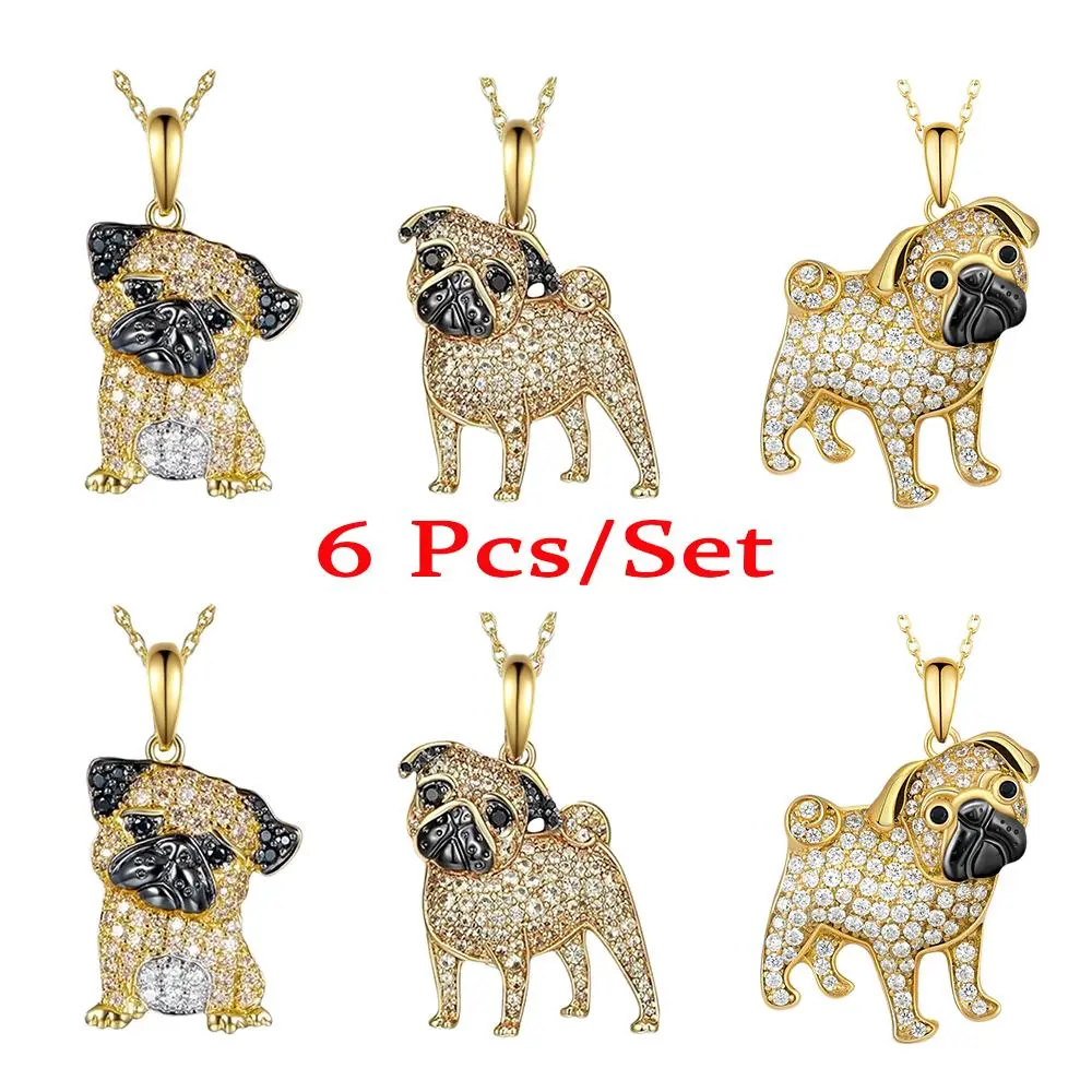 6Pcs Golden Pug Pendant Necklace Set, Playful Animal Jewelry for Casual Outfit Matching, Add a Sweet Luxe Charming Vibe, Anniversary & Housewarming Gift for Bffs, Birthday, Unisex, Childhood Friends, Afternoon Tea, Long
