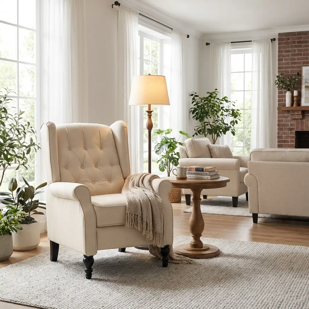 Baliaa Luxurious Beige Tufted Wingback Recliner Chair - Plush Linen Upholstery, High Back, Push Back Function, Sturdy Metal Legs, Durable Hardwood Frame - Ideal Furniture for Living Room Accent & Relaxation