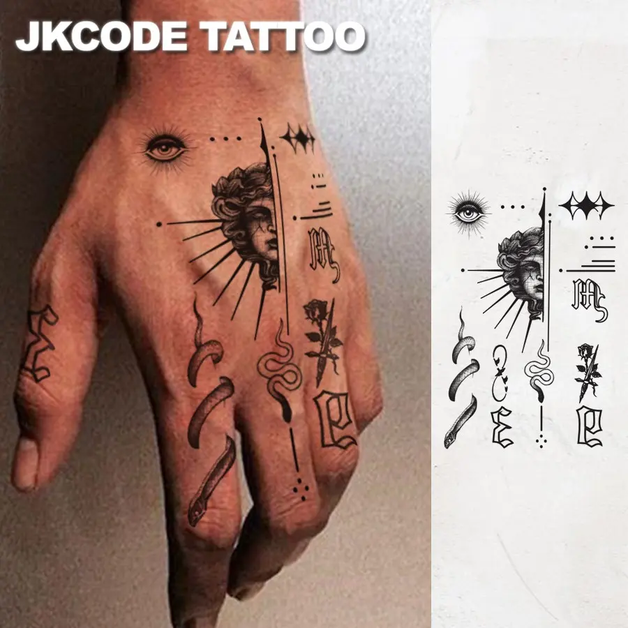 Waterproof Semi-permanent Tattoos, Hands, Roman mythology Medusa and Viper， Dark style tattoo， Temporary Tattoos, Waterproof, Realistic Fake Tattoos, Botanical, Aesthetic, Finger Tattoos, Magic Tattoos, Lasts 1-2 Weeks, Tattoos For Men and Women