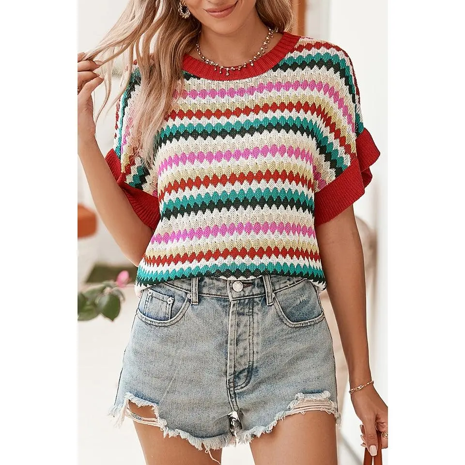 Fiery Red Striped Diamond Print Ruffle Sleeve Knit Top