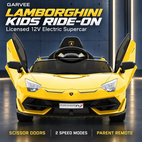 GARVEE Licensed 12V Battery-Powered Plastic Lamborghini Kids Ride-On Supercar Toy, 2-Speed Control, LED Lights, Sound System, Hydraulic Doors, Bluetooth Play, Remote Control, Cells, 3-4 Years Indoor & Outdoor Gift (Kids Toys)