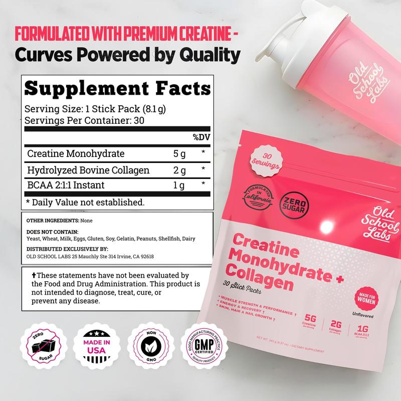 Creatine Stick Packs for Women | 5000mg Creatine Monohydrate, 2000mg Collagen & BCAA 2:1:1