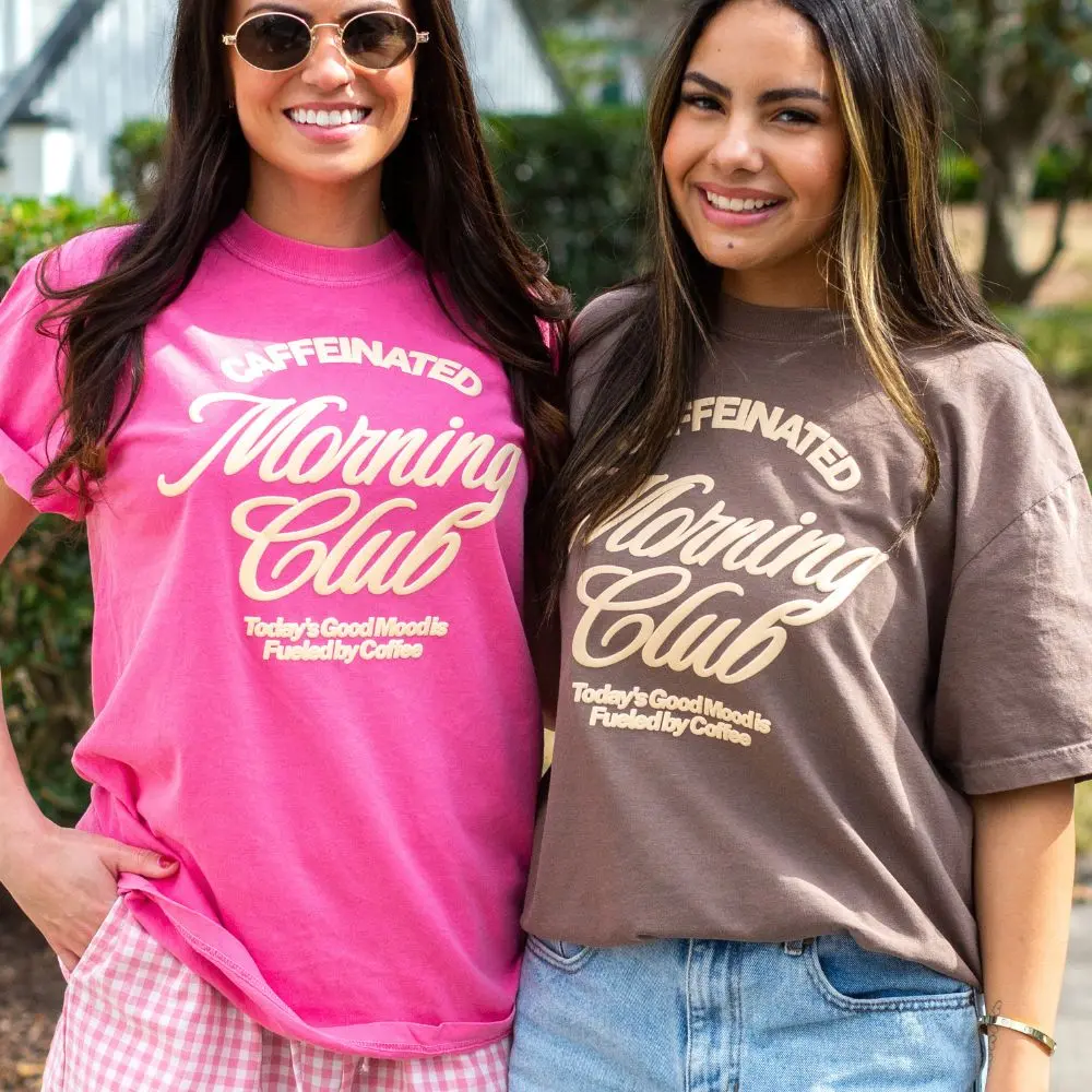 United Monograms Women's Short-Sleeve Aesthetic Crunchberry Tshirt - Round Neck, PUFF Printed 'Caffeinated Morning Club' Casual Top (Girls' Fit Available)