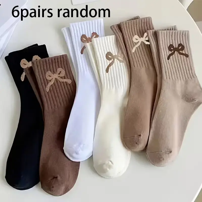 Women’s Brown-Toned Mid-Calf Socks (6-Pair Assorted-Color Pack with Bows) — Stylish, Casual, and Comfortable Socks for Sports, Leisure, and Everyday Wear