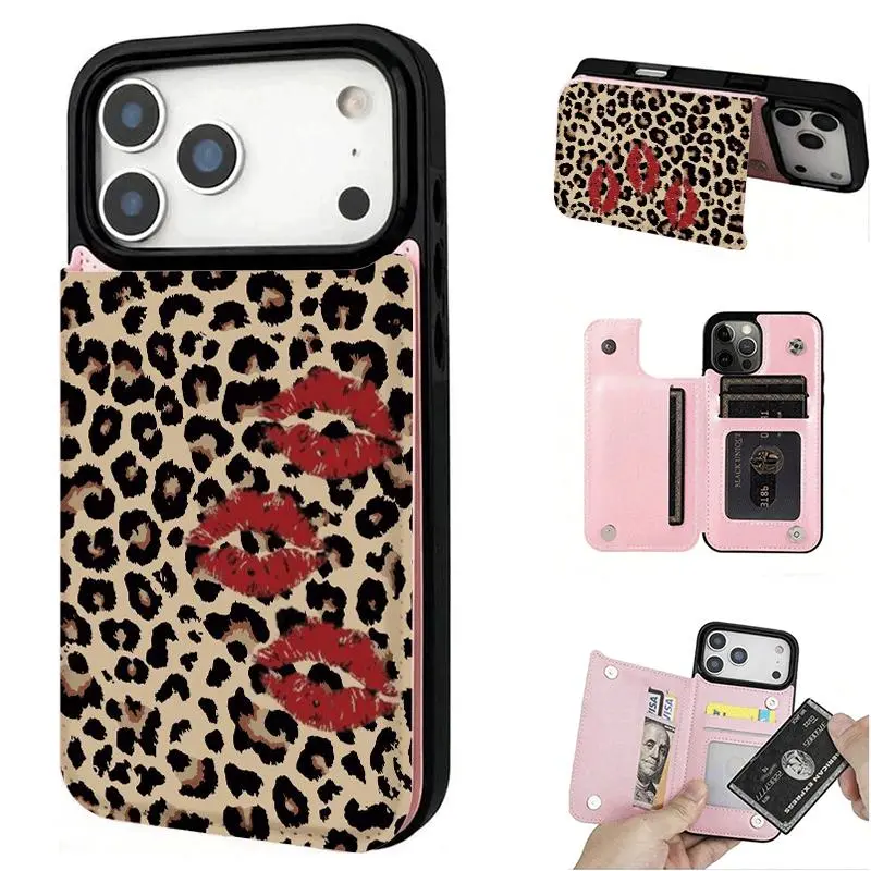 Phone Case - Red Lips with Leopard Print / Wallet Card Holder, Phone Case with Credit Card Slots for Iphone 17/17 Air, 16/15 Pro, 14/13 Pro, 12, 11 Pro Max, Xs, 16 Plus Black