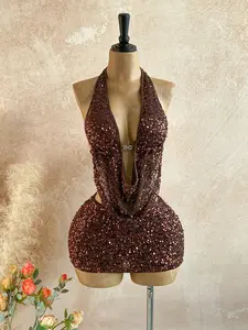 Women’s Brown Sequin 2-Piece Set – Draped Neck Top & Bodycon Mini Skirt, Y2K Party Outfit