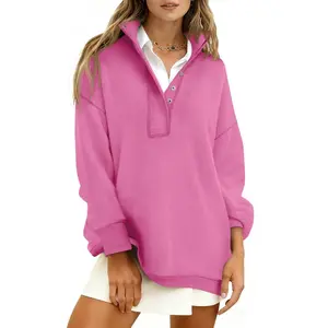 Fisoew Womens Waffle Knit Oversized Sweatshirt Casual Snap Stand Collar Long Sleeve Pullover Tops Fall Travel Outfits Womenswear Button women zip crewneck graphic camohoodie wicked sweatshirt cute winter zip hoodie Check Knitwear #SummerVibesSp
