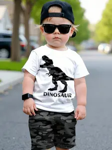 Boys' Camo Dinosaur Print Set, Camo Suit, Street Style Short Sleeve Shorts Two-Piece, Cool Summer for Boys, All Seasons Fitted Casual Wear
