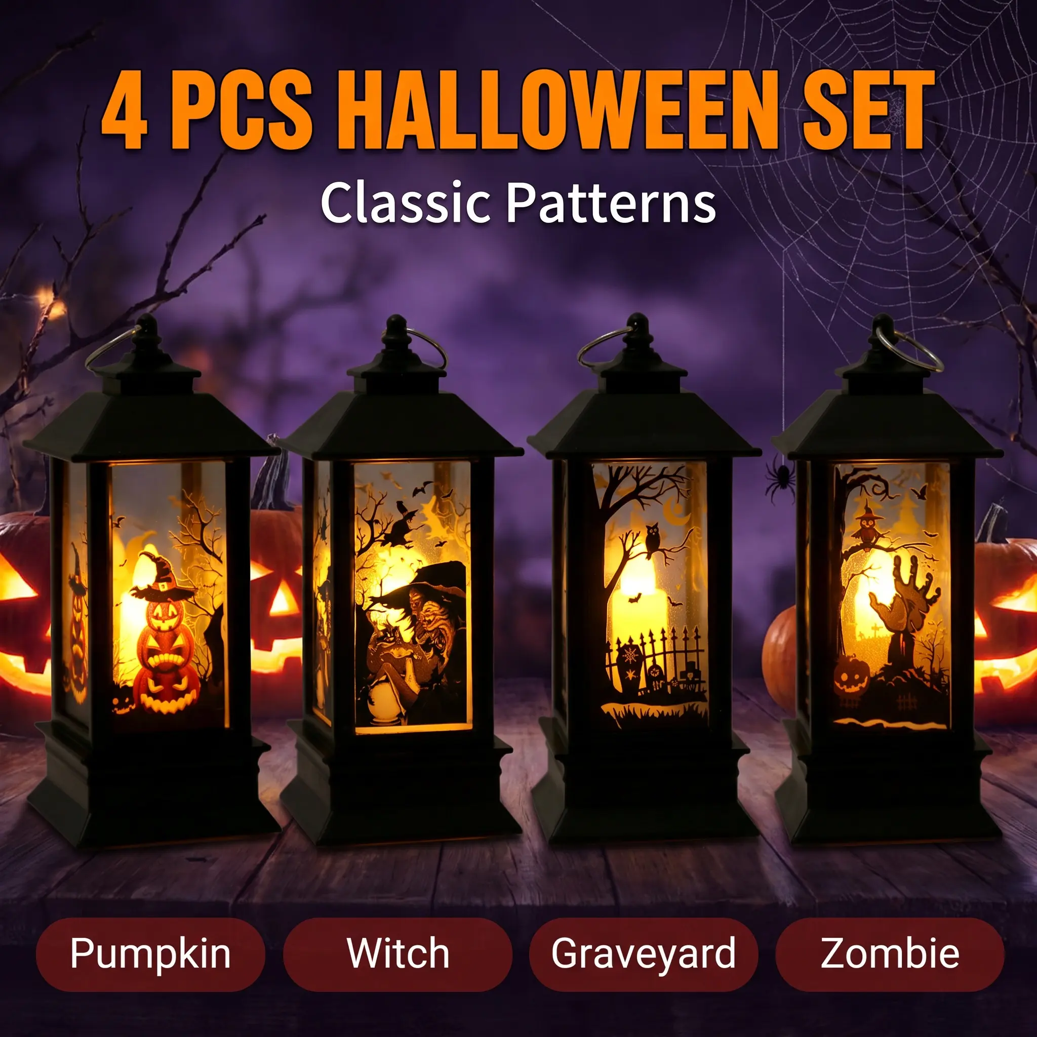 Halloween Decorative Lanterns 4 Pack - Flameless LED Candle Lights with Hanging Rings, Pumpkin Witch Graveyard Zombie Designs, Warm Glow for Indoor Outdoor Halloween Party Decor