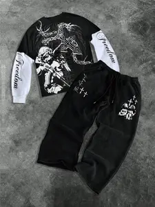 Men's Fashion Casual Two-Piece Set Outfit, Angel & Cross Graphic Pattern Drawstring Wide Leg Pants, Summer Loose Fit Long Sleeve T-Shirt and Straight Leg Pants