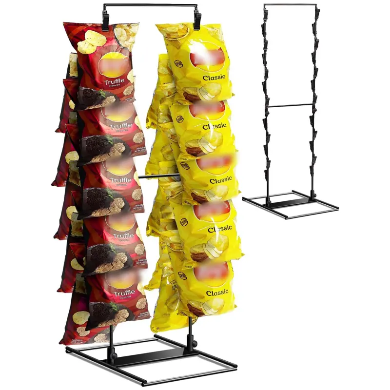 2026 Upgraded Snack Display Rack with 28 Double-Welded Clips, Thickened Stable Anti-Tip Metal Base, Tool-Free Quick Assembly Space-Saving Snack Holder, Ideal for Retail Stores, Parties, Food Trucks & Vendor Events