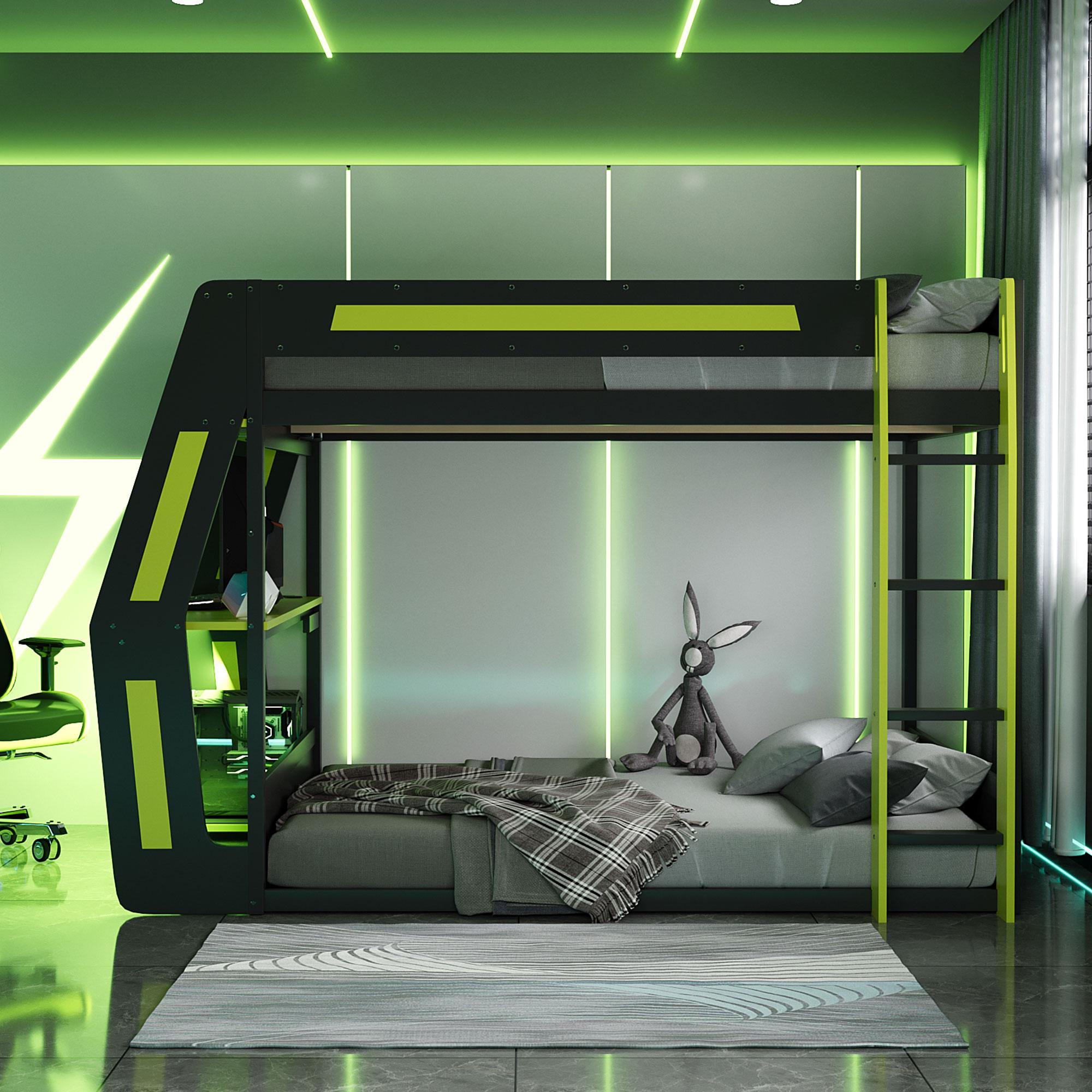 Full Size Gaming Bunk Bed Frame with Side-Mounted Oversized RGB Desk, Wood Bunk Bed Frame with USB Charging Ports & Cable Grommet, Heavy-Duty Esports Gaming Loft Frame (Green, Full)