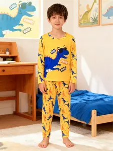 Boys' 2-Piece Dinosaur Animal Print Pajama Set, Spring & Fall Long Sleeve Sleepwear, Casual Fitted Home Wear
