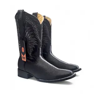 Men’s Wide Square Toe Full Rowstone Stingray Print Western Boot Genuine Leather