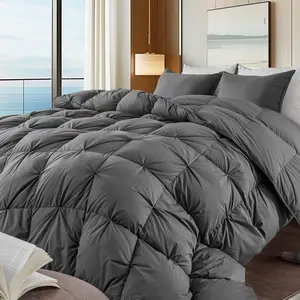Grey Pinch Pleat Goose Down Feathers Comforter Twin/Queen/King/Cal King/Pal King Size All Season-Ultra Soft and Cozy Noiseless Duvet Insert with 100% Egyptian Cotton Cover, Fluffy Warm Comforter Insert Puffed Quilt