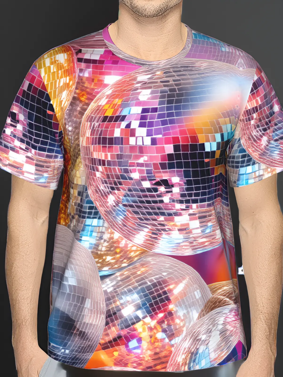 Men's Knit 3D Printed Mirror Ball Disco Shortsleeve T-Shirt - Vibrant Retro Fabric Top, Breathable Polyester Round Neck, Suitable for Nightclub, Casual Streetwear, Machine Washable, Sizes S-3XL (Menswear), Stretch