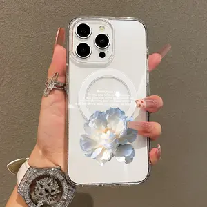 Trendy Magnetic Case for iPhone11/12/13/14/15/16/promax, White peony flower Ultra Slim, Magnetic Support, Shockproof | Playful & Fun Style