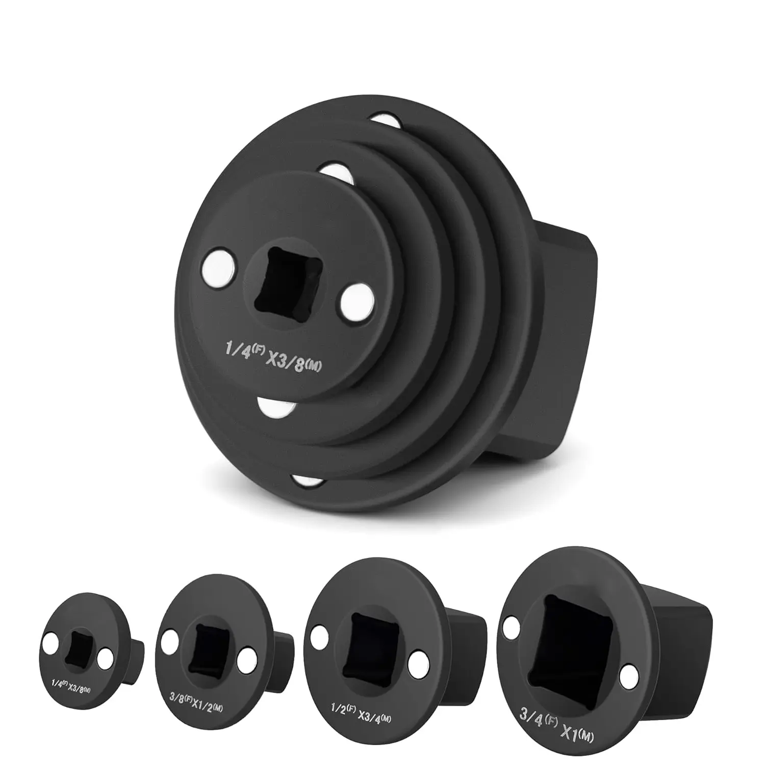 4-Piece Socket Adapter/Reducer Set – Heavy Duty Steel Impact Drive Converter, 3/4" to 1", 1/2" to 3/4", 1/2" to 3/8", 1/4" to 3/8" Sizes for Wrenches & Ratchets, Professional DIY Tool Kit