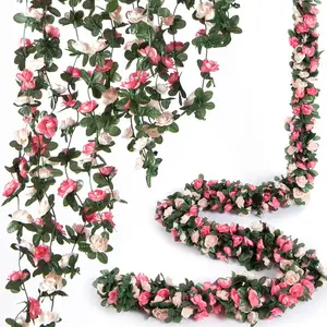 8 Pcs 66FT Flower Garland Artificial Rose Vine Flowers with Green Leaves Hanging for Room, Anniversary Wedding Birthday Christmas Wall Arch Decor, Spring Pink Flower