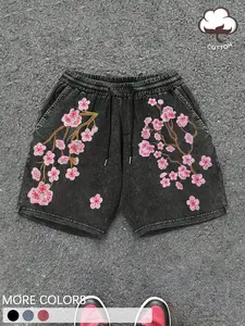 Unisex Vintage Washed Denim Shorts, Cherry Blossom Floral Print Casual Streetwear Daily Wear Bottoms