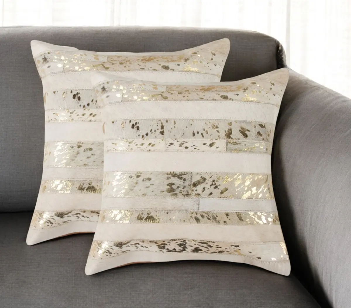 HomeRoots 18 in. Natural & Gold Striped Cowhide Square Throw Pillows - Set of 2, Soft Removable Cushions with Glitter, Square Cushion, Soft Cushions