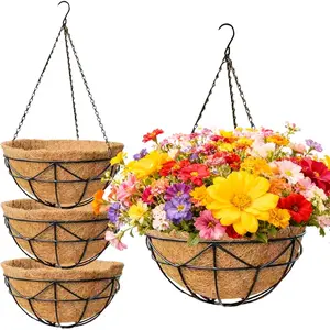 4 Pack 14 Inch Heavy Duty  Basket Outdoor Metal  Planters with Coco Coir Liners Black  Flower Baskets for Outdoor  Patio Porch Balcony Garden(Geometric)