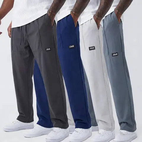 Men's 4-Pack Ice Silk Plain Straight Pants - All-Season, Lightweight, Breathable Menswear with Elastic Drawstring Waistband, for Outdoor Use, Ideal Gift for Teens (2000s Style)