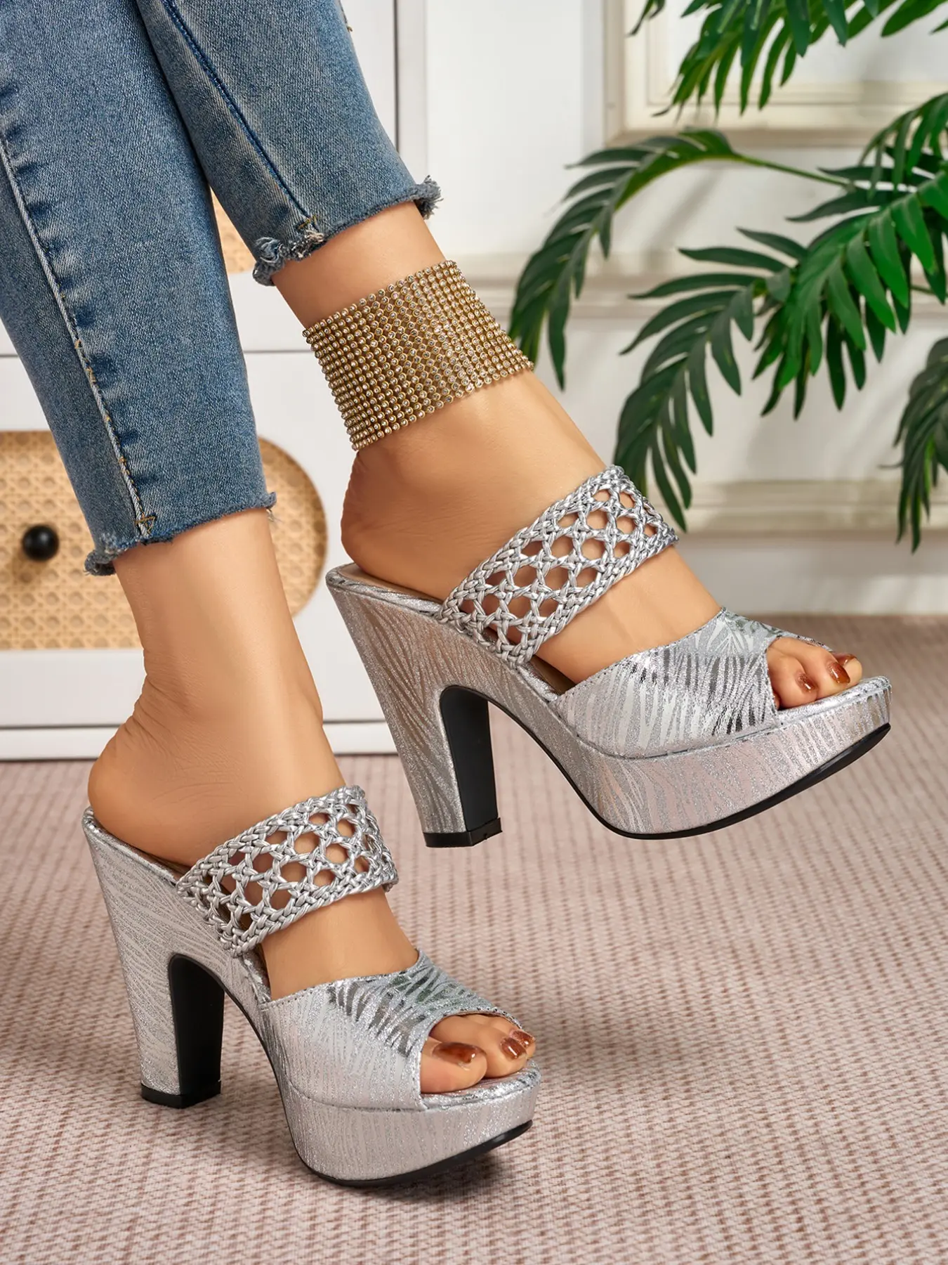 Women's Elegant Hollow Out Knitted High Heel Sandals, Backless Sandals, Summer, Round Toe Cone Heels, Artificial Leather, Medium Width, Less Than Ankle Height Footwear, Fashionable Heeled Sandals