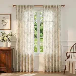 Green Floral Linen Curtains   Patterned for Bedroom Living Room Semi Sheer Light Filtering Sage Flower Printed Cottage Core Drapes 84 Inches Long  Tab, 2 Panels, 50" Wide
