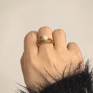 2-piece set Adjustable Open Ring, Gold Plated Pearl Ring, Minimalist Fashion Jewelry, Stackable Band Ring, Everyday Wear Ring, Boho Retro Ring, Jewelry Gift for Women, Trendy Layering Ring, Casual Party Ring, Elegant Ladies Accessory