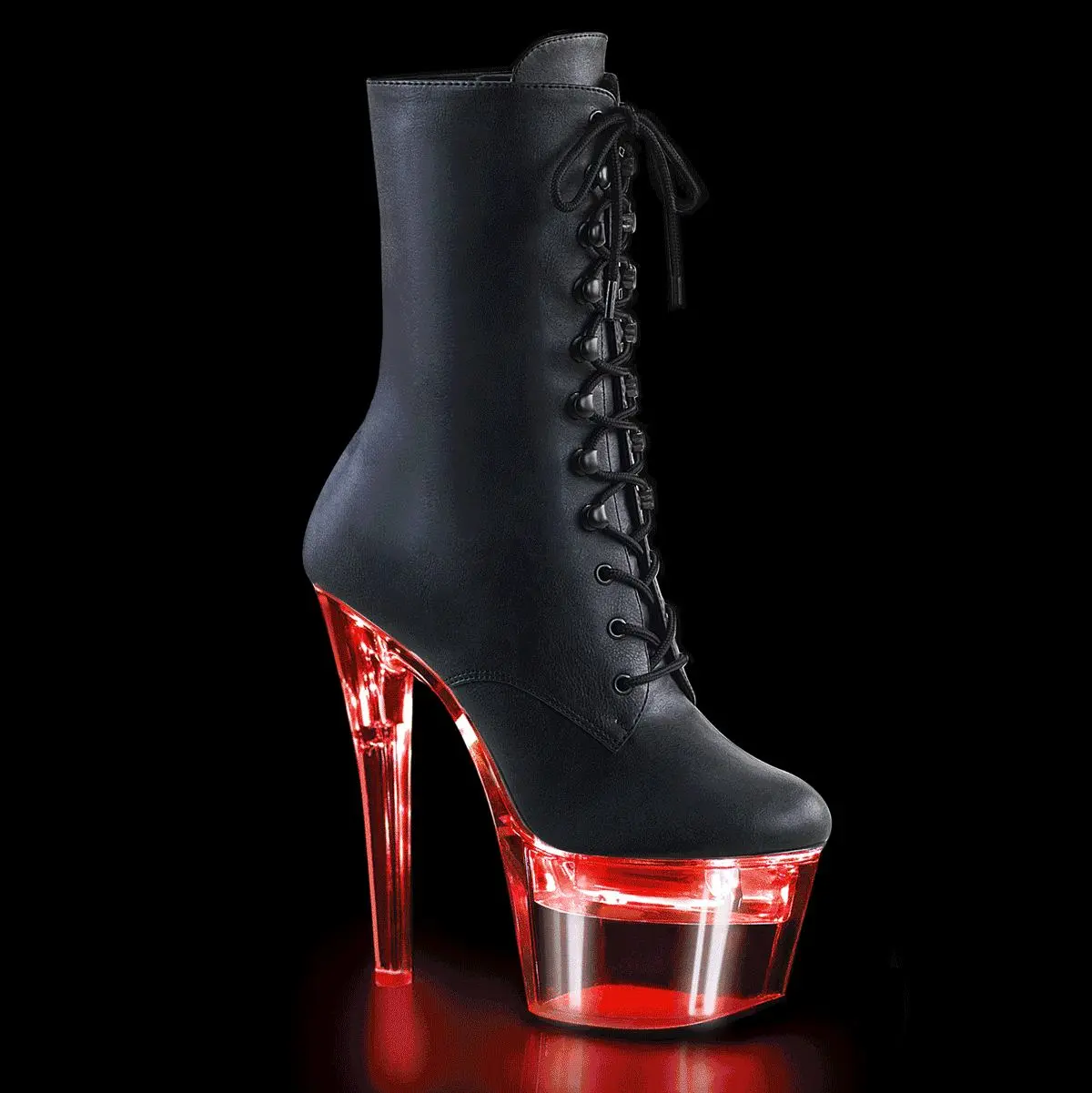 Women's Synthetic PU Leather Lace-Up Platform Ankle Boots - Black Heeled Footwear with 7" Heel, 2.75" Platform, USB-Chargeable Color-Changing LED Lights