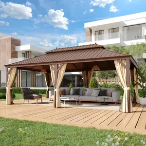 Outdoor 14'x22' Gazebo - Hardtop Style, Galvanized Steel Heavy Duty Double Roof, Aluminum Frame + Netting & Curtains, Ideal for Garden, Lawns