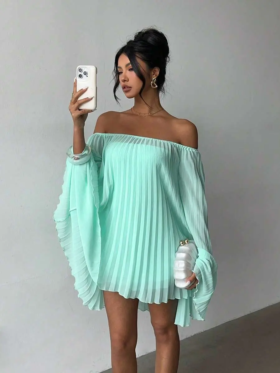 Green Casual Off-Shoulder Chiffon Pleated Mini Dress & Strapless Romper Two Pieces Set Elegant Summer