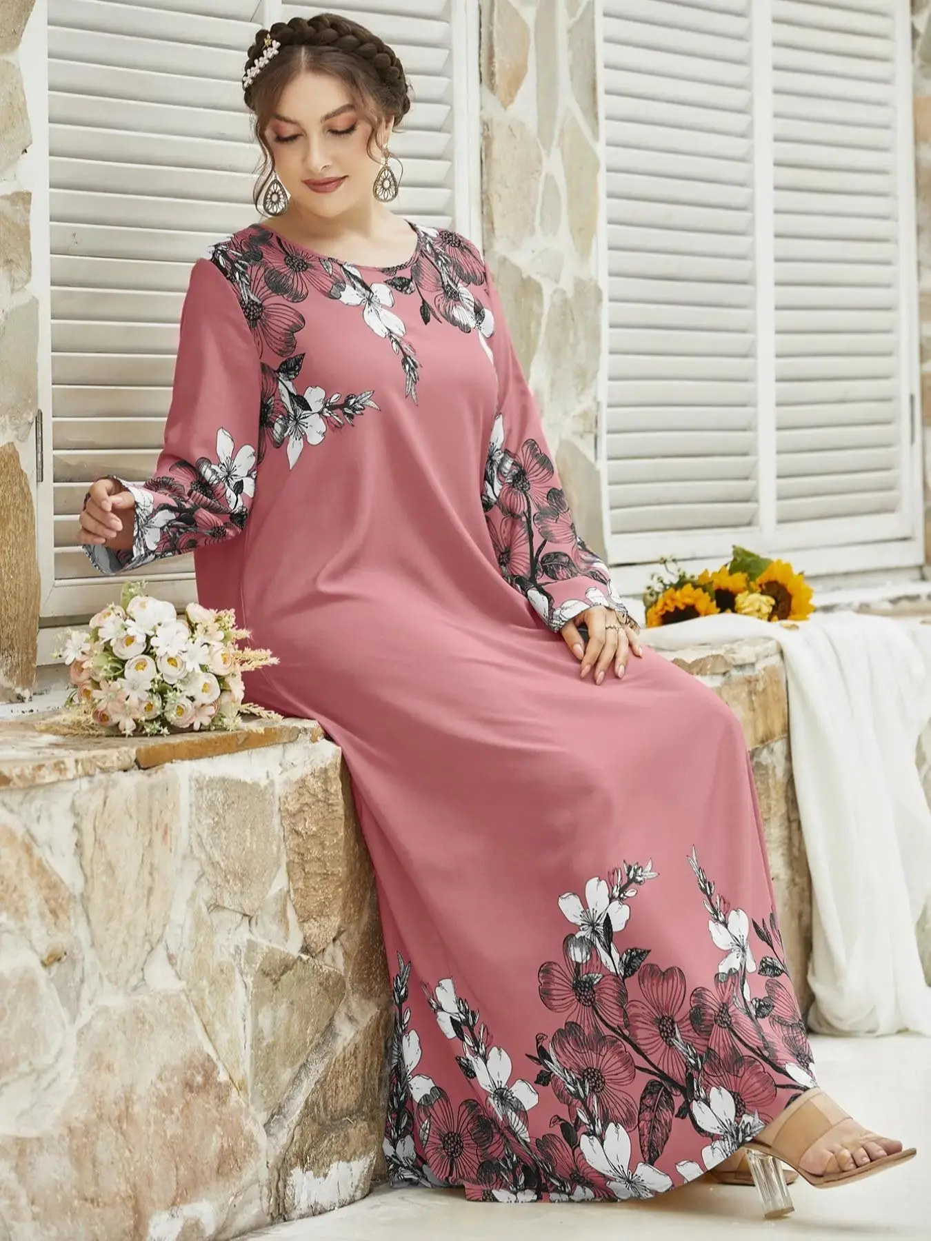 Plus Size Floral Print Long Sleeve Round Neck Tunic Dress, Casual Loose Elegant Long Dresses for Women Daily Wear, Ladies Clothes Autumn Fashion, Elegance