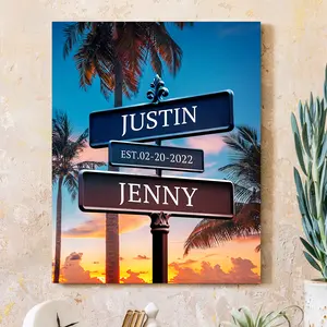 Crossroads Sign Couple's Name and Date on Street Sign During Sunset Canvas Prints Love Gift for Anniversary,Wedding,Birthday and Holidays