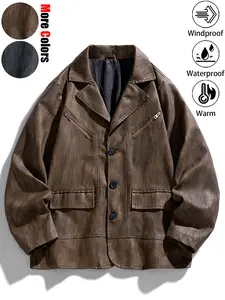 New Men's Casual Fashion Loose-Fit Mid-Length Leather Blazer Windproof, Warm, Waterproof, Durable, Washable, Distressed Finish Business-Style Trench Coat Jacket Ideal for Daily Commuting, Outdoor Adventures, Hiking, and Fishing Outfits