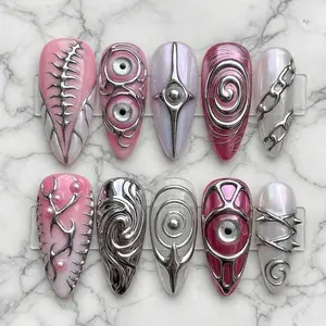 Pink Chrome Cyber Y2K Press On Nails 3D Alien Eye Futuristic Swirl Metallic Gothic Chain