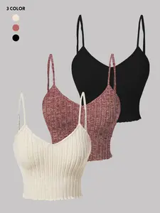 Women's Casual Ribbed Tank Top 3-Piece Set, Short Sleeve Slim Fit Plain Design, Comfortable Daily Wear for Women