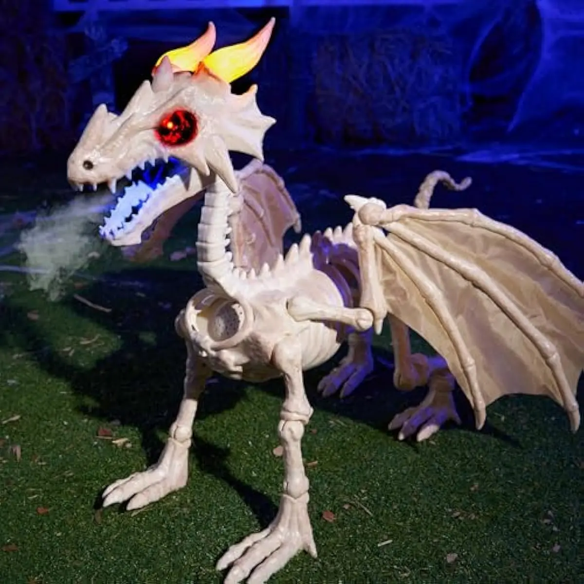 Dragon Skeleton Halloween Decoration, 23.6" Roaring Mist-Spraying Dragon with Wings, LED, Posable Joints, Sound Motion Activated Animal Skeleton Animatronic for Haunted House (Battery Operated)